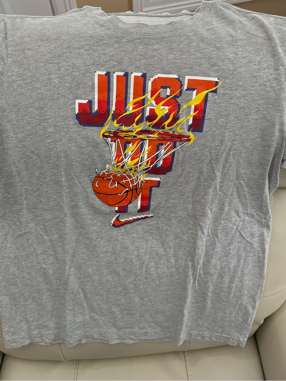 Men’s Nike Gray Tee with Orange Basketball and Yellow Flames